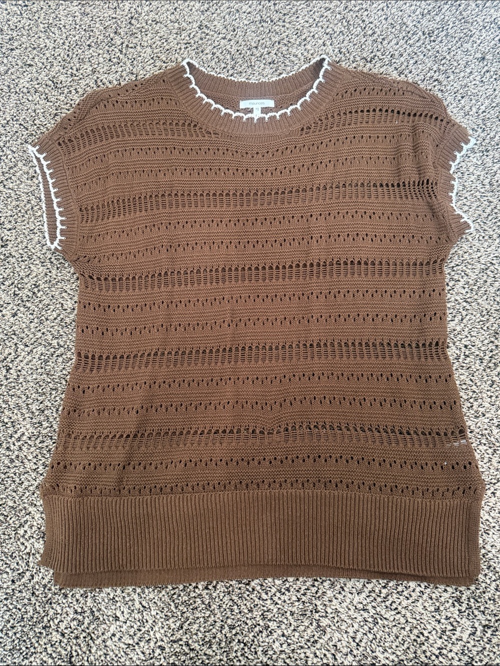 Maurices Brown Crochet Knit Short-Sleeve Sweater with White Trim